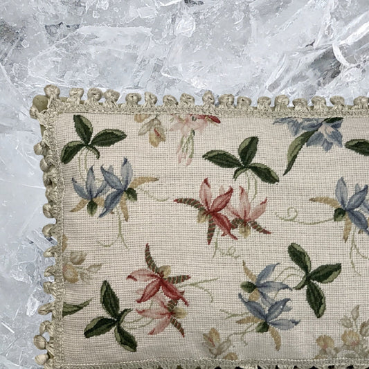 Handmade Wool Needlepoint Pillow Cover - Decorative Throw Cushion Cover - Vintage Floral Embroidery Design orchids with tassels