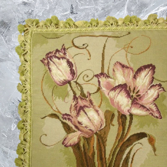 Handmade Wool Needlepoint Pillow Cover - Decorative Throw Cushion Cover - Vintage Floral Embroidery Design  Kathryn White designtulip trumeau with tassel