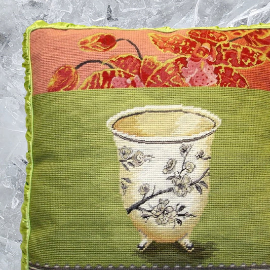Handmade Wool Needlepoint Pillow Cover - Decorative Throw Cushion Cover - Vintage Floral Embroidery Design  Kathryn White Design M