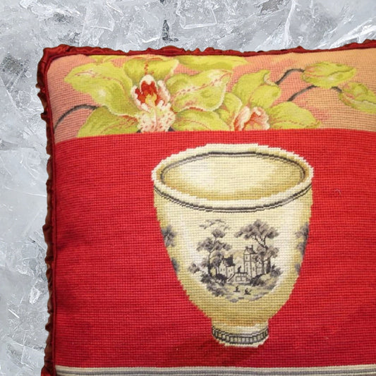 Handmade Wool Needlepoint Pillow Cover - Decorative Throw Cushion Cover - Vintage Floral Embroidery Design  Kathryn White Design O