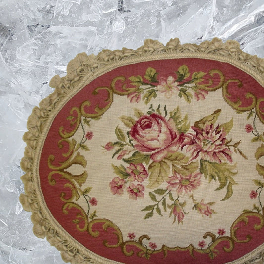 Handmade Wool Needlepoint Pillow Cover - Decorative Throw Cushion Cover - Vintage Floral Embroidery Design  oval pillow center roses with rose-pink frame nature tassels
