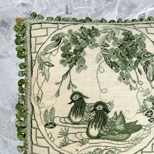 Handmade Wool Needlepoint Pillow Cover - Decorative Throw Cushion Cover - Vintage Floral Embroidery Design  green Manderain Ducks plum flower with tassels