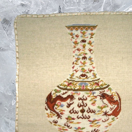 Handmade Wool Needlepoint Pillow Cover - Decorative Throw Cushion Cover - Vintage Floral Embroidery Design  Ming dynasty dragon vast with cording