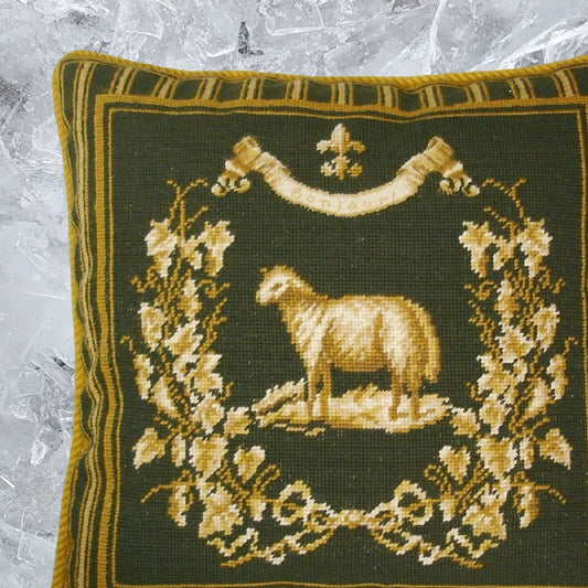 Handmade Wool Needlepoint Pillow Cover - Decorative Throw Cushion Cover - Vintage Floral Embroidery Design Gayle Bighouses Design french country sheep green