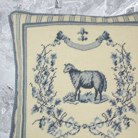 Handmade Wool Needlepoint Pillow Cover - Decorative Throw Cushion Cover - Vintage Floral Embroidery Design Gayle Bighouses design french country sheep blue