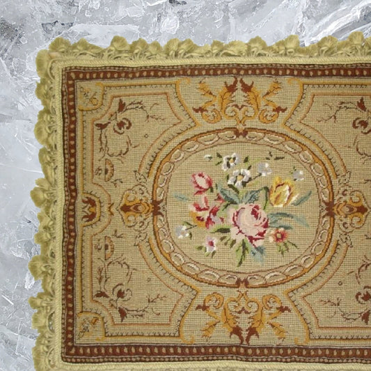 Handmade Wool Needlepoint Pillow Cover - Decorative Throw Cushion Cover - Vintage Floral Embroidery Design old antique golden frame & roses center with gold tassels