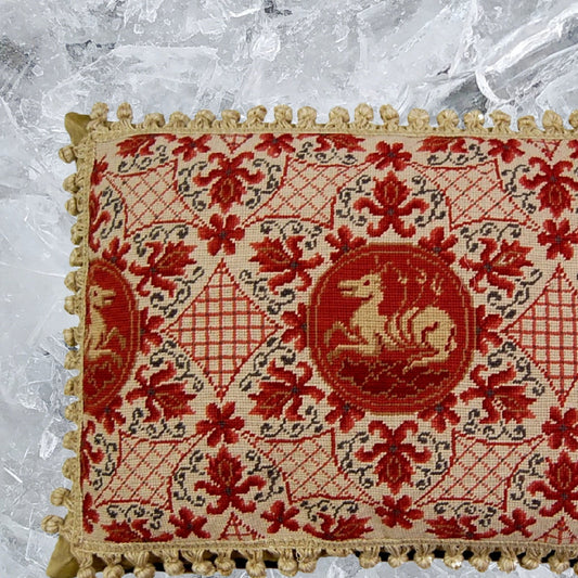 Handmade Wool Needlepoint Pillow Cover - Decorative Throw Cushion Cover - Vintage Floral Embroidery Design red ancient dogs with tassels