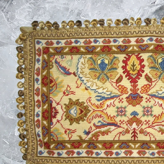 Handmade Wool Needlepoint Pillow Cover - Decorative Throw Cushion Cover - Vintage Floral Embroidery Design Turkish gold/red with tassels