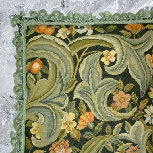 Handmade Wool Needlepoint Pillow Cover - Decorative Throw Cushion Cover - Vintage Floral Embroidery Design All  William Morris Old World leafs & flowers with nature tassels
