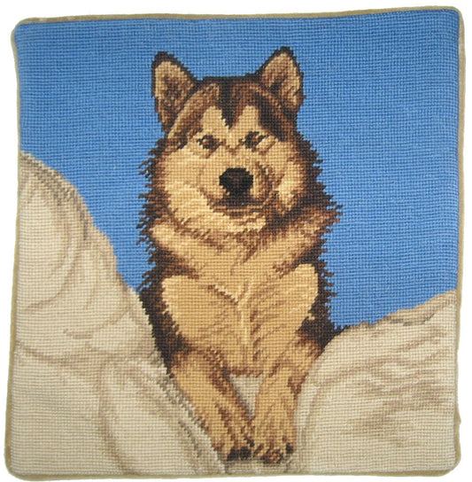 Needlepoint Hand-Embroidered Wool Throw Pillow Exquisite Home Designs brown Husky