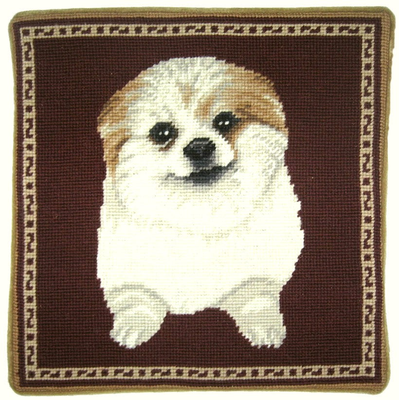 Needlepoint Hand-Embroidered Wool Throw Pillow Exquisite Home Designs bichon burgundy background