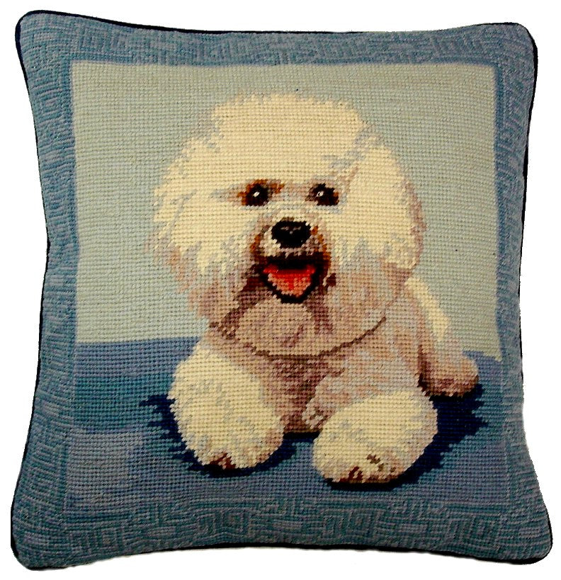 Needlepoint Hand-Embroidered Wool Throw Pillow Exquisite Home Designs Bichon Frise in blue background