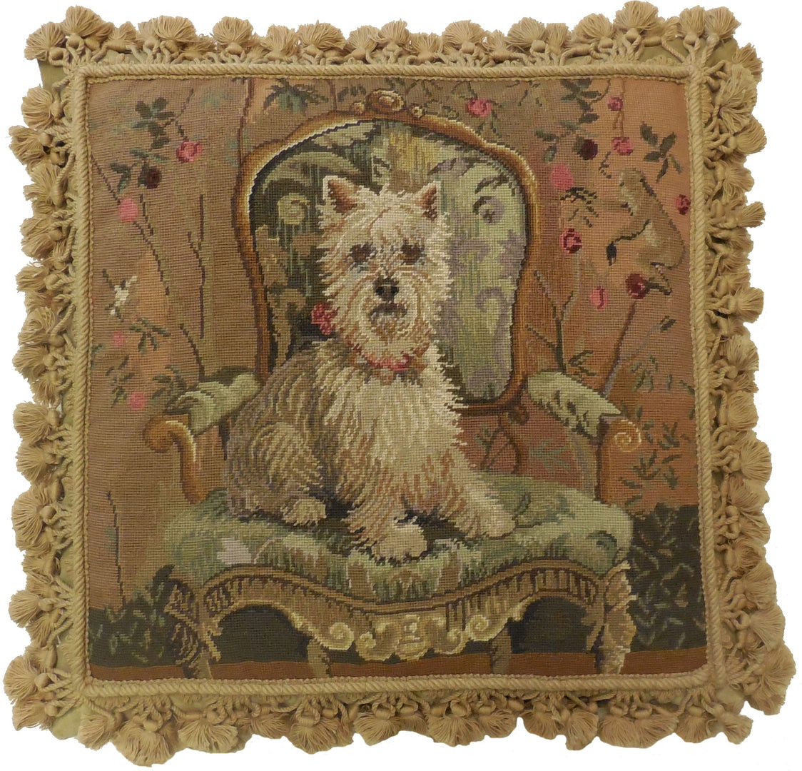 Needlepoint Hand-Embroidered Wool Throw Pillow Exquisite Home Designs All  westie on chair, with tassels