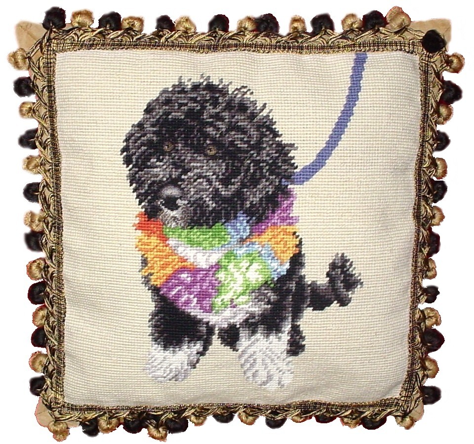 Needlepoint Hand-Embroidered Wool Throw Pillow Exquisite Home Designs Finest  on Water Spaniels face others 2 color tassels