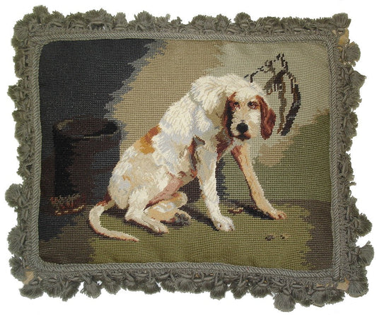 Needlepoint Hand-Embroidered Wool Throw Pillow Exquisite Home Designs Irish hunting dog with sage green background & tassels