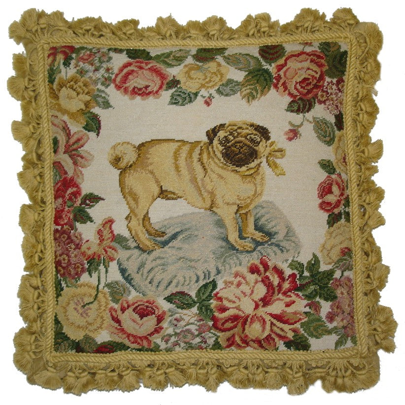 Needlepoint Hand-Embroidered Wool Throw Pillow Exquisite Home Designs  Pug on the blue cushion with tassels