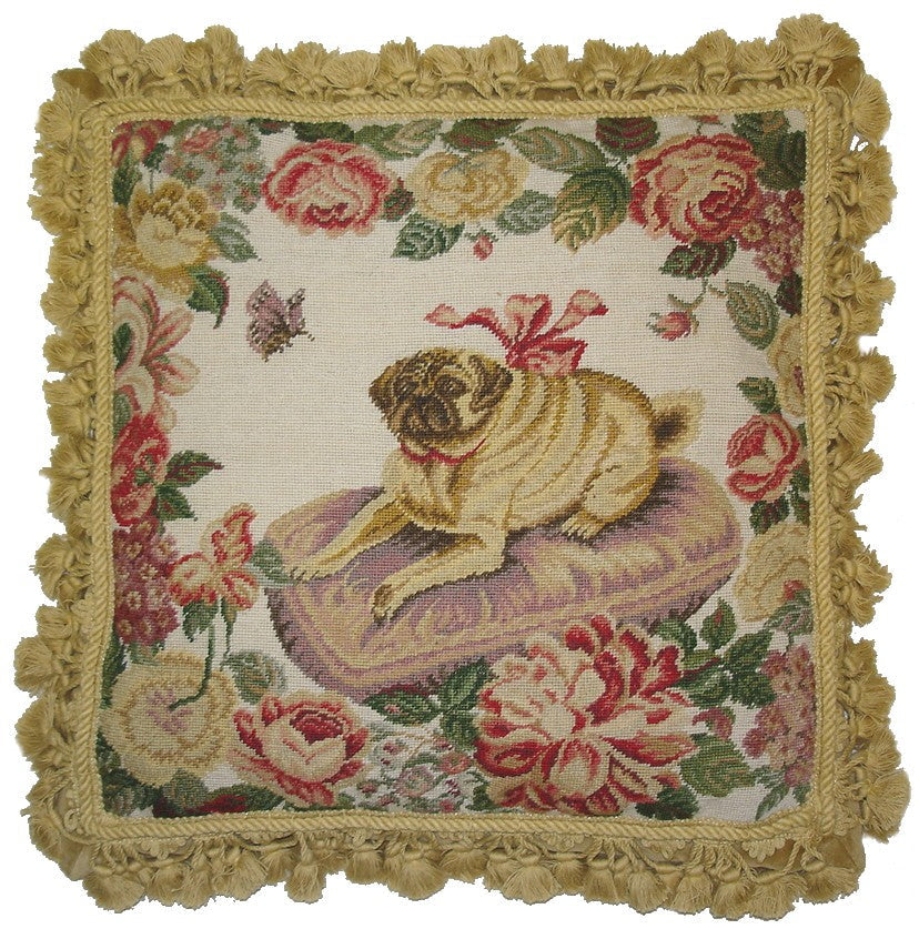 Needlepoint Hand-Embroidered Wool Throw Pillow Exquisite Home Designs  Pug on the purple cushion with tassels