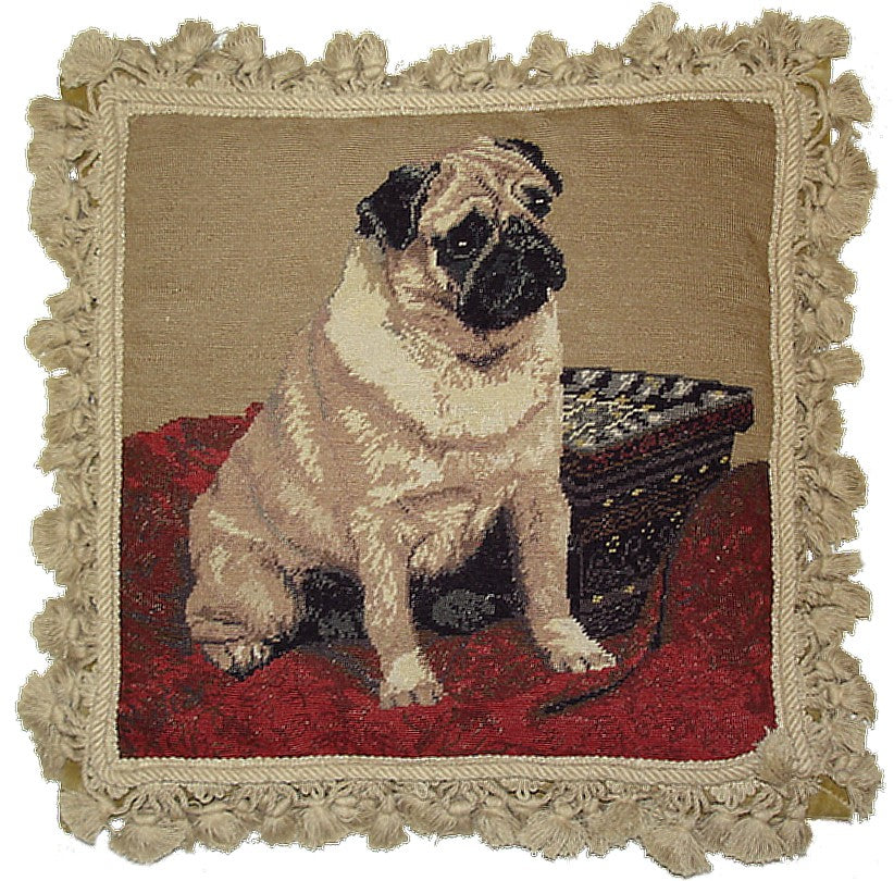 Needlepoint Hand-Embroidered Wool Throw Pillow Exquisite Home Designs  Pug in red bedding