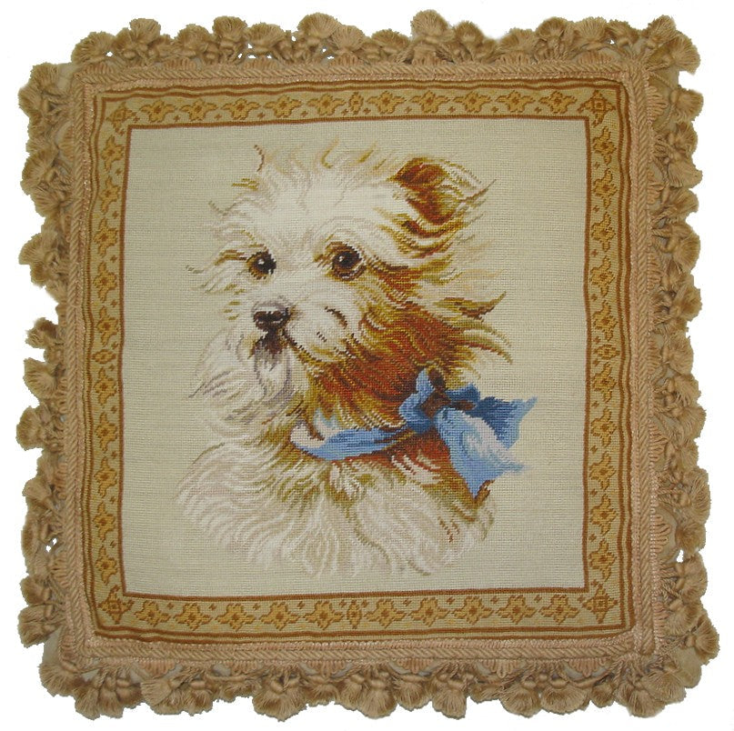 Needlepoint Hand-Embroidered Wool Throw Pillow Exquisite Home Designs  Terrier dog with nature tassel