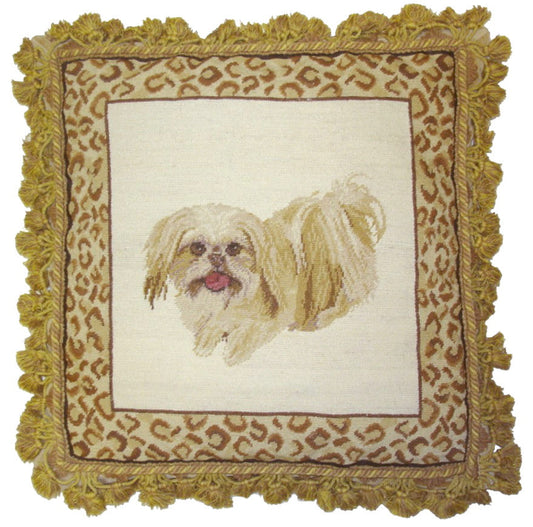 Needlepoint Hand-Embroidered Wool Throw Pillow Exquisite Home Designs  playfully Shih-Tzu with animal print frame 2 color tassels