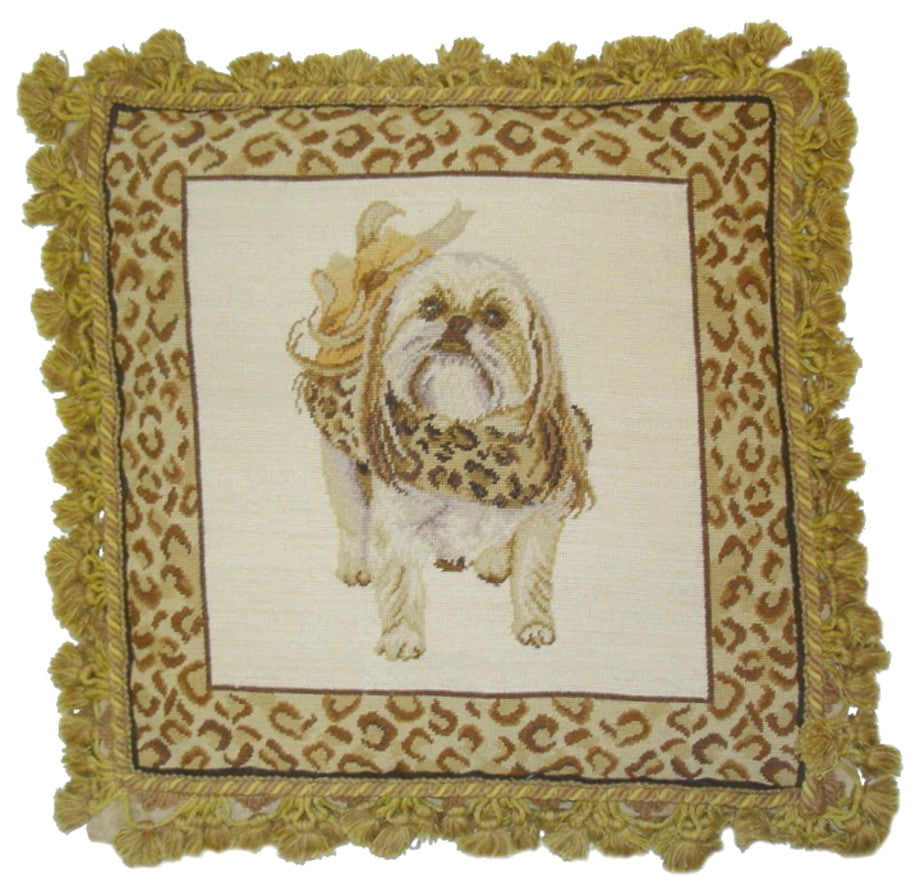 Needlepoint Hand-Embroidered Wool Throw Pillow Exquisite Home Designs  Shih-Tzu ware the animal print scarf with 2 color tassel