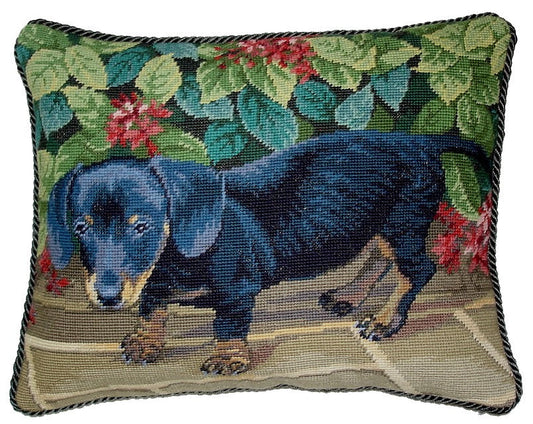 Needlepoint Hand-Embroidered Wool Throw Pillow Exquisite Home Designs black dog green cording