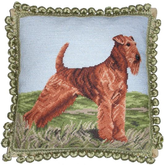 Needlepoint Hand-Embroidered Wool Throw Pillow Exquisite Home Designs Airdale face and rest with tassels