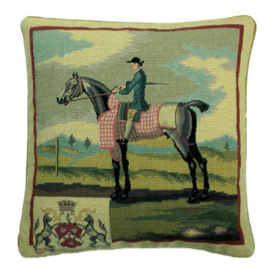 Handmade Wool Needlepoint Pillow Cover - Decorative Throw Cushion Cover - Vintage Floral Embroidery Design rider in blue