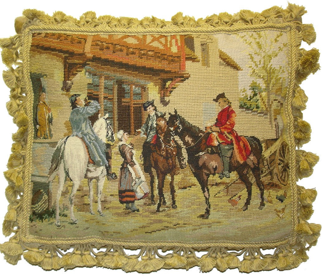 Needlepoint Hand-Embroidered Wool Throw Pillow Exquisite Home Designshorses & riders background Colonial scene