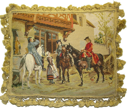 Needlepoint Hand-Embroidered Wool Throw Pillow Exquisite Home Designshorses & riders background Colonial scene