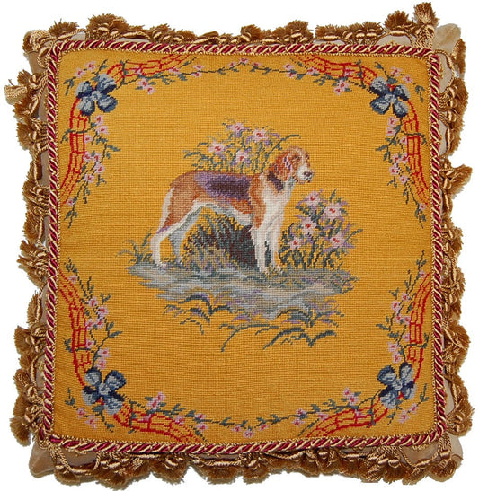 Needlepoint Hand-Embroidered Wool Throw Pillow Exquisite Home Designs  dog with gold tassel