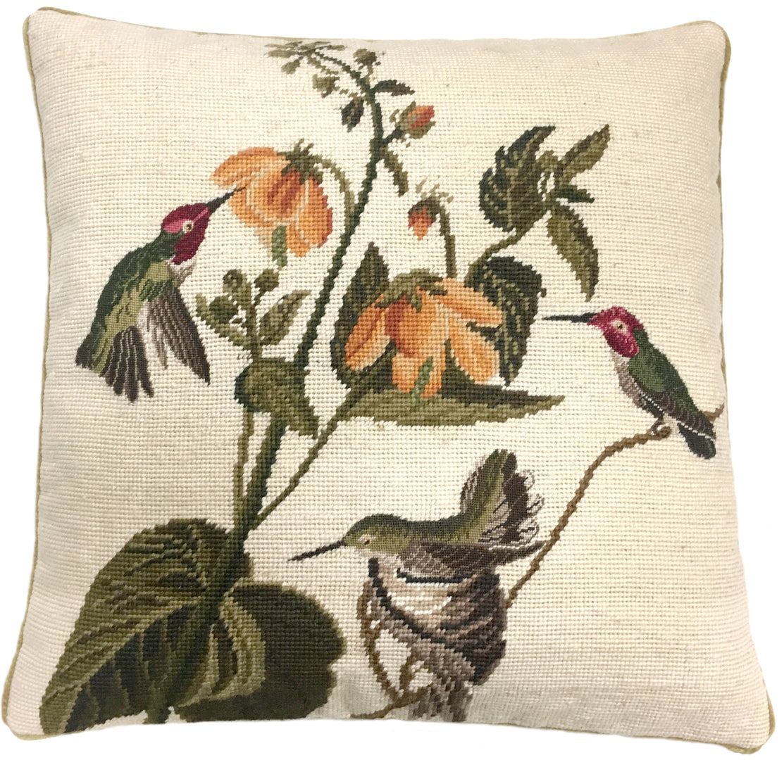 Needlepoint Hand-Embroidered Wool Throw Pillow Exquisite Home Designs 3 humming birds yellow flower