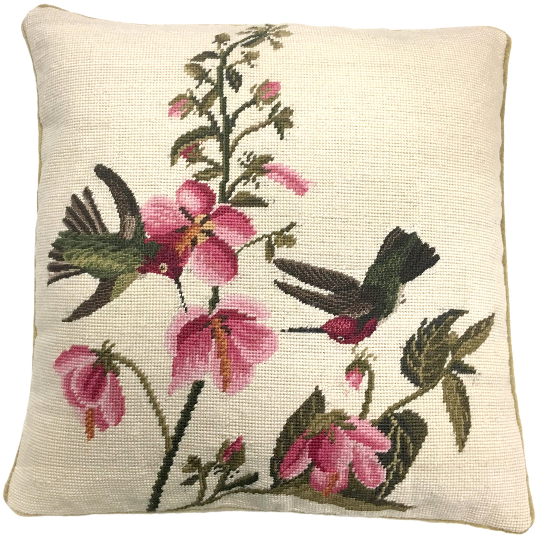 Needlepoint Hand-Embroidered Wool Throw Pillow Exquisite Home Designs 2 humming birds pink flowers