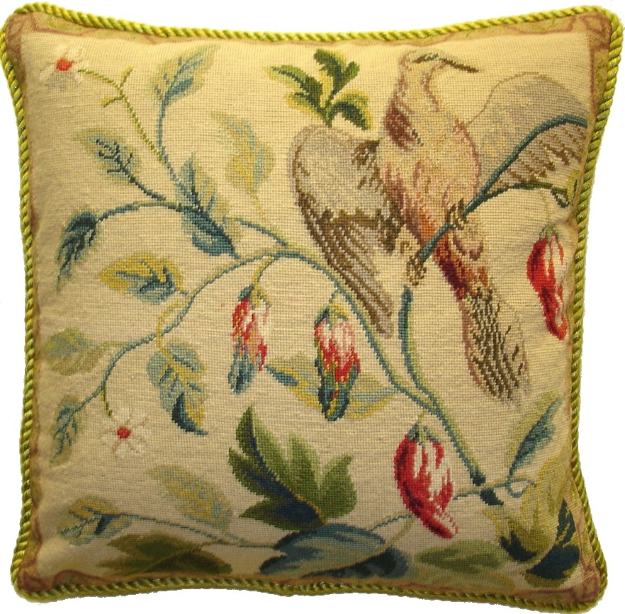 Needlepoint Hand-Embroidered Wool Throw Pillow Exquisite Home Designs  bird and tree