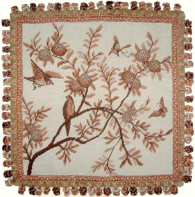 Needlepoint Hand-Embroidered Wool Throw Pillow Exquisite Home Designs  antique tree  swallows butterfliers with tassels 1