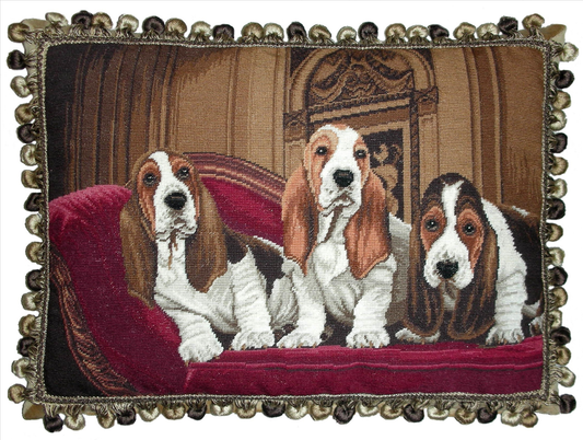 Needlepoint Hand-Embroidered Wool Throw Pillow Exquisite Home Designs  3 Basset Hound  with tassels