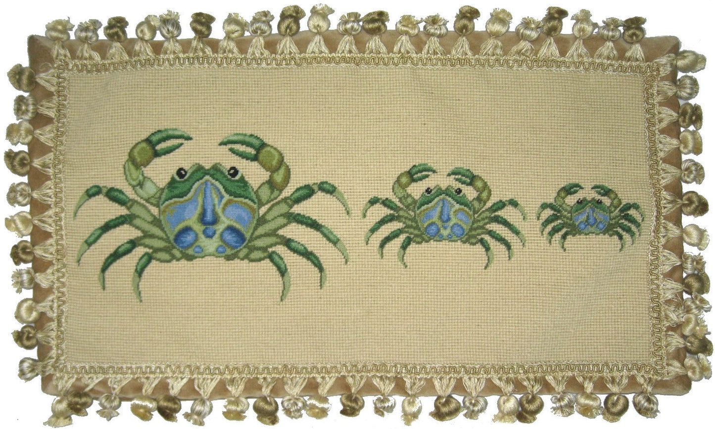 Needlepoint Hand-Embroidered Wool Throw Pillow Exquisite Home Designs 3 green crabs with tassel