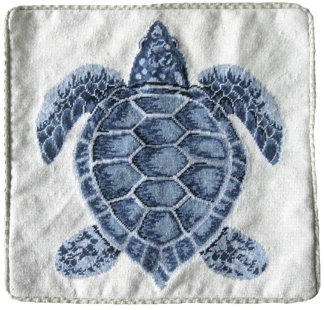 Needlepoint Hand-Embroidered Wool Throw Pillow Exquisite Home Designs dark blue sea turtle cording