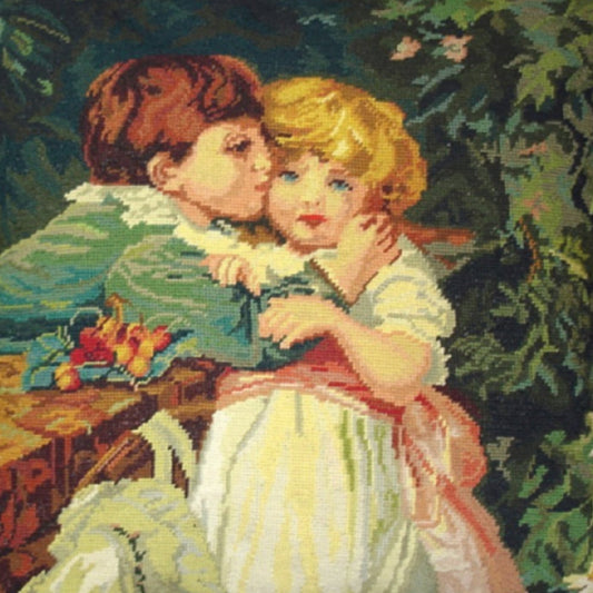Handmade Wool Needlepoint Pillow Cover - Decorative Throw Cushion Cover - Vintage Floral Embroidery Design boy kissing girl with nature tassels