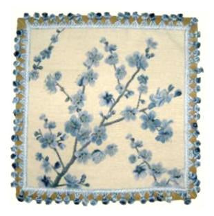 Needlepoint Hand-Embroidered Wool Throw Pillow Exquisite Home Designs  blue blooming plums with tassels