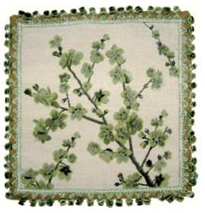 Needlepoint Hand-Embroidered Wool Throw Pillow Exquisite Home Designs  green blooming plums with tassels