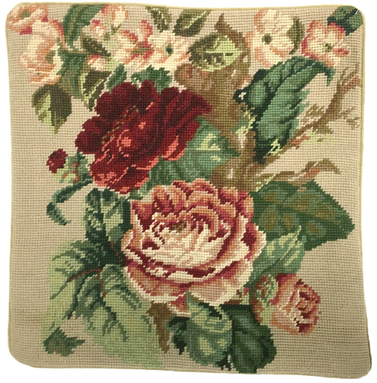 Needlepoint Hand-Embroidered Wool Throw Pillow Exquisite Home Designs dark red cabbage roses nature background