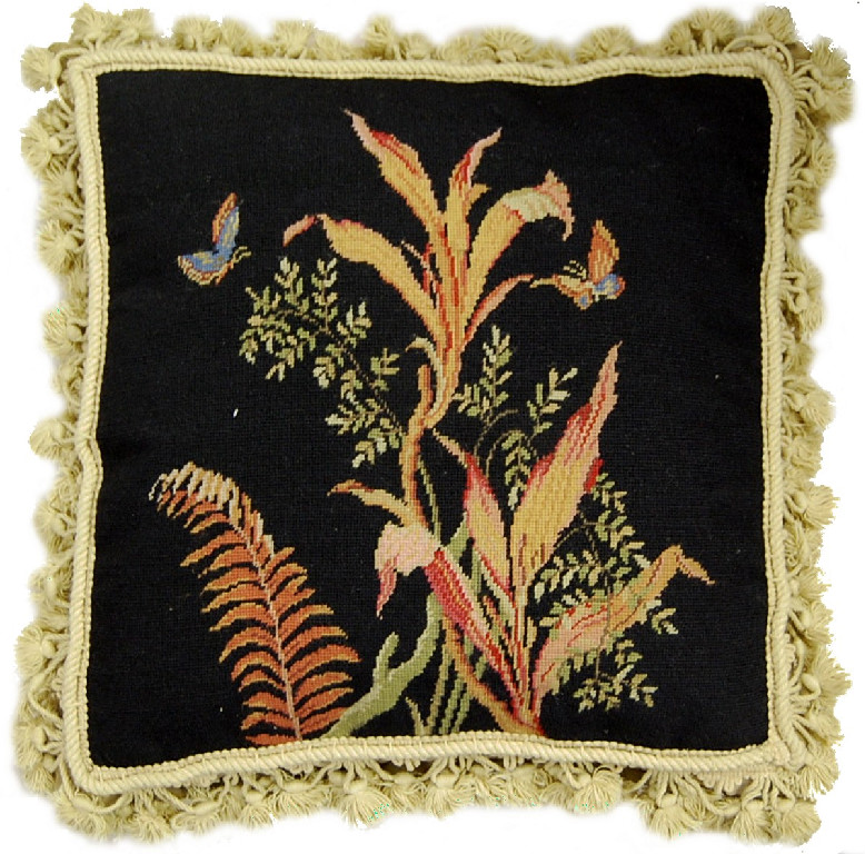 Needlepoint Hand-Embroidered Wool Throw Pillow Exquisite Home Designs  tropical fern 2 blue butterflies black background with tassels