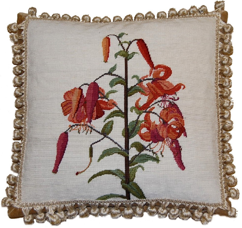 Needlepoint Hand-Embroidered Wool Throw Pillow Exquisite Home Designs  rusty Begonia nature background with tassels