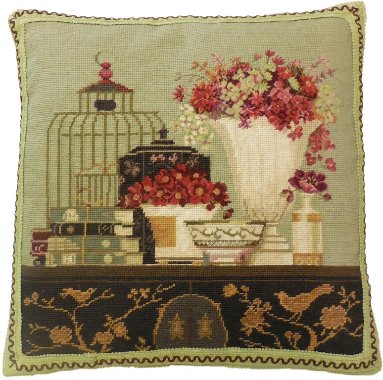 Needlepoint Hand-Embroidered Wool Throw Pillow Exquisite Home Designs Kathryn White Design J