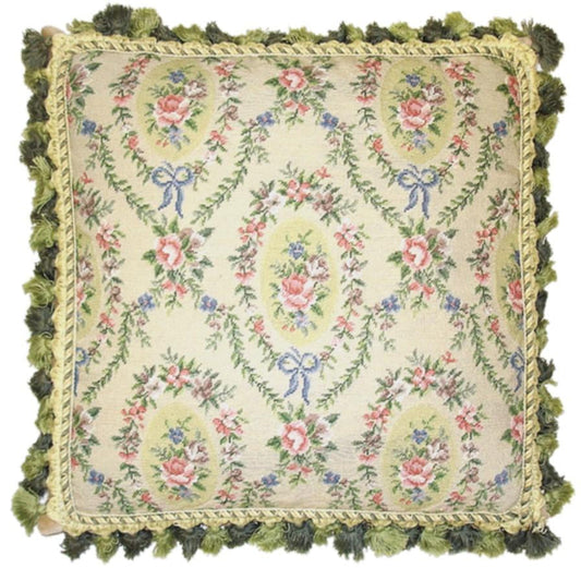 Needlepoint Hand-Embroidered Wool Throw Pillow Exquisite Home Designs  oval shape roses in the leave frame with 2 tone green tassel