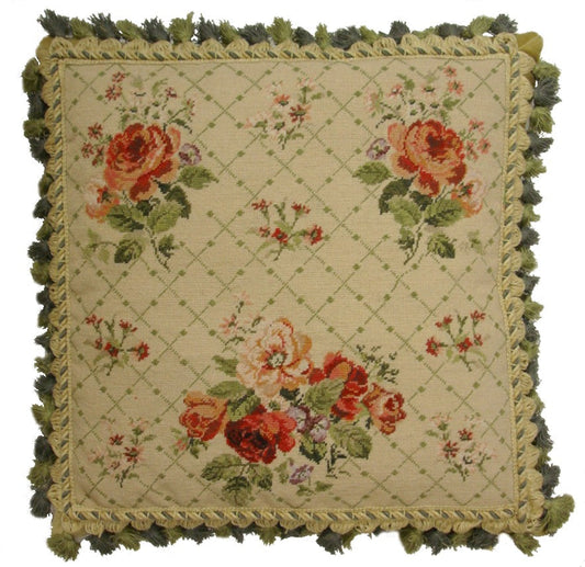 Needlepoint Hand-Embroidered Wool Throw Pillow Exquisite Home Designs  3 group roses on the check background 2 tons tassel