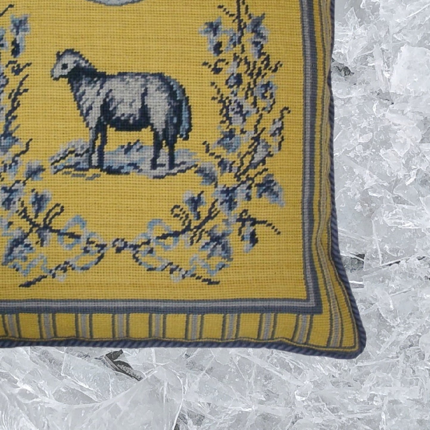 Handmade Wool Needlepoint Pillow Cover - Decorative Throw Cushion Cover - Vintage Floral Embroidery Design yellow/blue sheep with cording