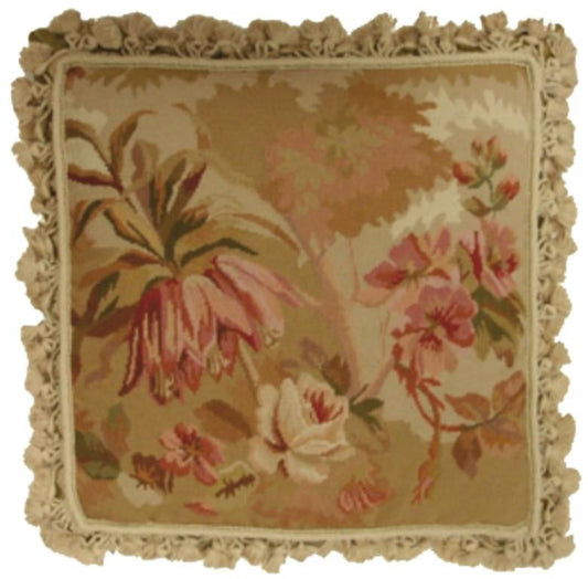 Needlepoint Hand-Embroidered Wool Throw Pillow Exquisite Home Designs  antique looking roses & orchard light & dark beige background with tassels