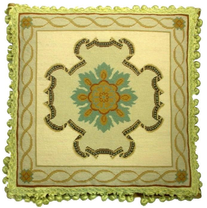 Needlepoint Hand-Embroidered Wool Throw Pillow Exquisite Home Designs  medallion center with tassels